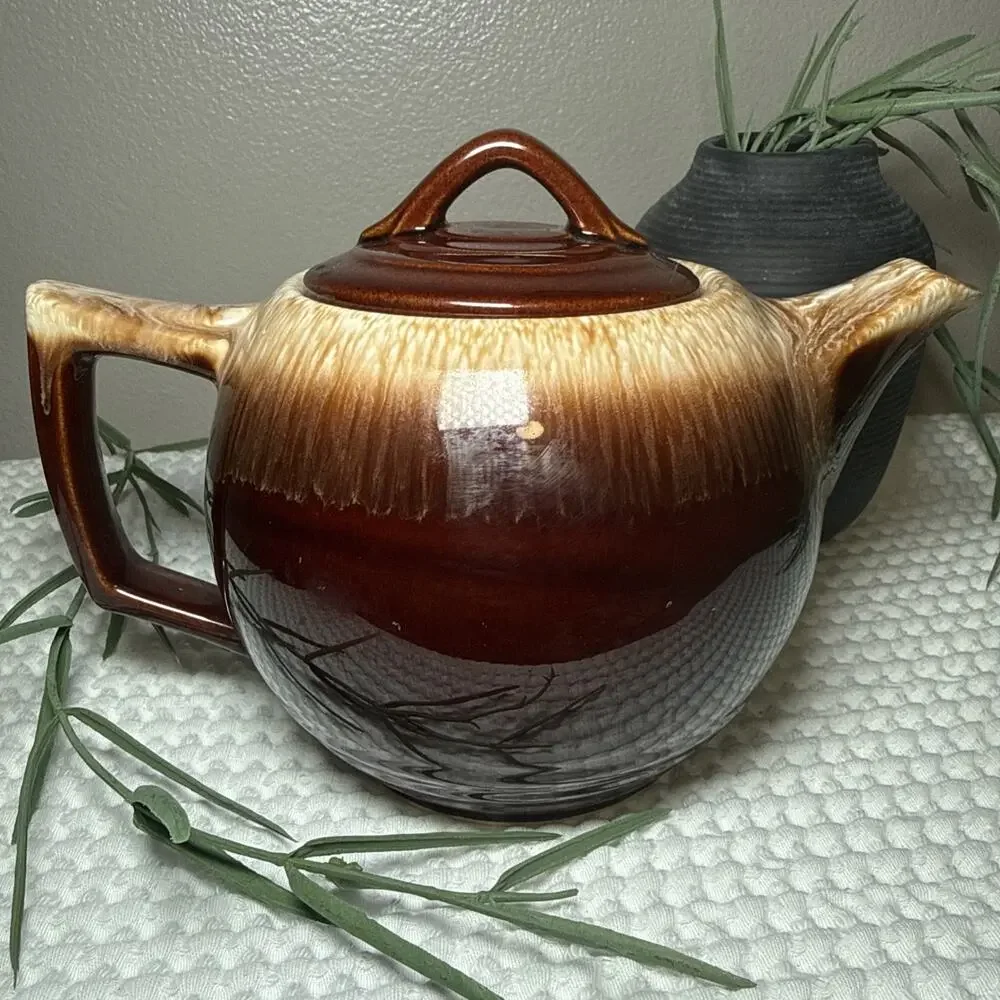Vintage McCoy USA Pottery 140 Brown Drip Glaze Teapot Stoneware Rustic w Lid
